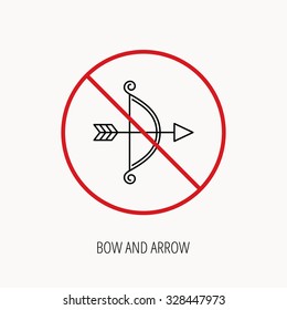 Stop or ban sign. Bow with arrow icon. Valentine weapon sign. Prohibition red symbol. Vector