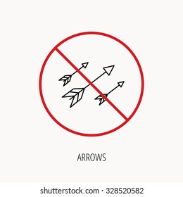 Stop or ban sign. Bow arrows icon. Hunting sport equipment sign. Archer weapon symbol. Prohibition red symbol. Vector