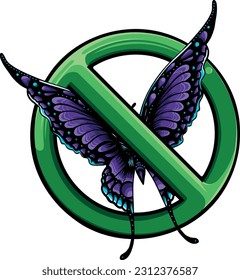 Firma de alto o prohibición con icono de mariposa aislado en fondo blanco.