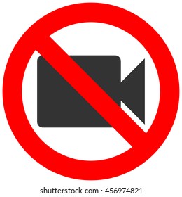 Stop or ban sign with camcorder icon isolated on white background. Video shooting is prohibited vector illustration. Using camera is not allowed image. Camcorders are banned.