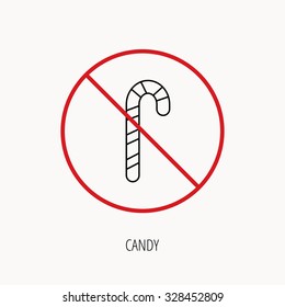Stop or ban sign. Candy cane icon. Sugar lollipop sign. Sweet lolly pop symbol. Prohibition red symbol. Vector