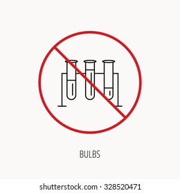 Stop or ban sign. Laboratory bulbs icon. Chemistry analysis sign. Science or pharmaceutical symbol. Prohibition red symbol. Vector
