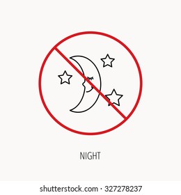 Stop or ban sign. Night or sleep icon. Moon and stars sign. Crescent astronomy symbol. Prohibition red symbol. Vector