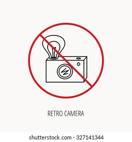 Stop or ban sign. Retro photo camera icon. Photographer equipment sign. Camera with lamp flash. Prohibition red symbol. Vector