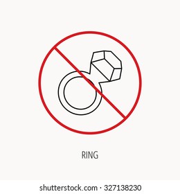 Stop or ban sign. Ring with diamond icon. Jewellery sign. Prohibition red symbol. Vector