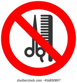 Stop or ban sign with scissors and comb icon isolated on white background. Barbershop is prohibited vector illustration. Haircut is not allowed image. Haircutting is banned.