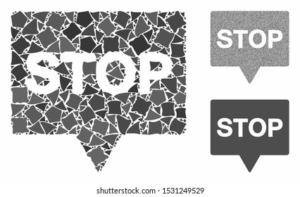 Stop banner mosaic of irregular pieces in different sizes and color tones, based on stop banner icon. Vector raggy pieces are united into collage. Stop banner icons collage with dotted pattern.