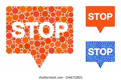 Stop banner mosaic of small circles in various sizes and color tinges, based on stop banner icon. Vector small circles are grouped into blue mosaic. Dotted stop banner icon in usual and blue versions.