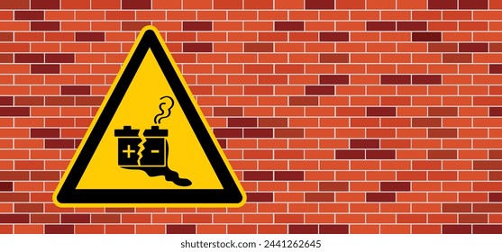 Detenga el ácido de la batería, con fugas de baterías. Aviso de tensión eléctrica. Signo o icono de advertencia de pilas peligrosas. Símbolo de pérdida de batería. Seguridad, batería rota. Electricidad recargable. Sin gases tóxicos.
