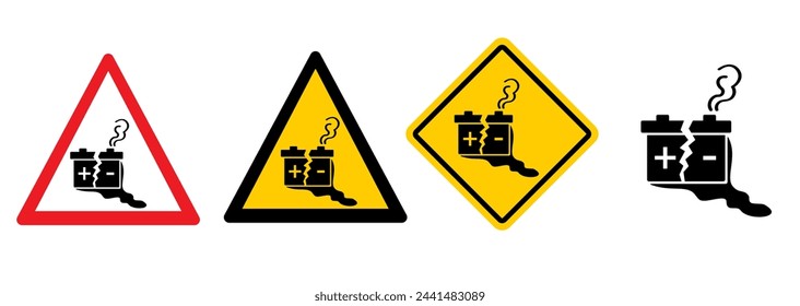 Stop battery acid, leaking batteries. Electrical voltage warning. Dangerous batteries warning sign or icon. Battery leak symbol. Safety, broken battery. Rechargeable electricity. No toxic fumes.