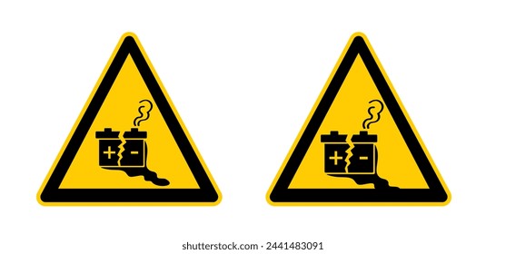 Detenga el ácido de la batería, con fugas de baterías. Aviso de tensión eléctrica. Signo o icono de advertencia de pilas peligrosas. Símbolo de pérdida de batería. Seguridad, batería rota. Electricidad recargable. Sin gases tóxicos.
