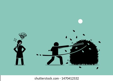 Stop beating around the bushes. Vector artwork of a man using a stick to beat around the bushes while the woman gets annoyed by him for failing to be straight forward of what he actually wanted.