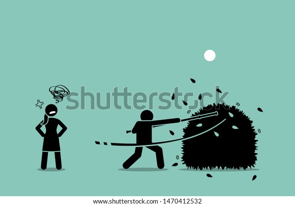 Stop beating around the bushes. Vector artwork of a man using a stick to beat around the bushes while the woman gets annoyed by him for failing to be straight forward of what he actually wanted.