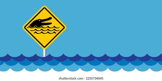 Stop, beware of crocodile or caiman sigboard. Cartoon crocodilian or carnivore reptile warning sign for beach, river people in the water or ocean zone. Stickman swimming. Alligator, no swim area