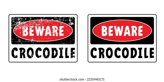 Stop, beware of crocodile or caiman sigboard. Cartoon crocodilian or carnivore reptile warning sign for beach, river people in the water or ocean zone. Stickman swimming. Alligator, no swim area