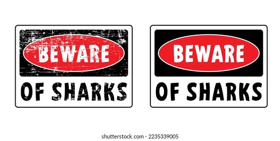 Stop, beware of sharks sigboard. Cartoon shark warning sign for beach people in the water or ocean zone. Stickman swimming. Shark sighting sign, beach closed area. No swim. Shark fin