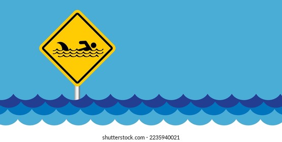 Stop, beware of sharks sigboard. Cartoon shark warning sign for beach people in the water or ocean zone. Stickman swimming. Shark sighting sign, beach closed area. No swim. Shark fin