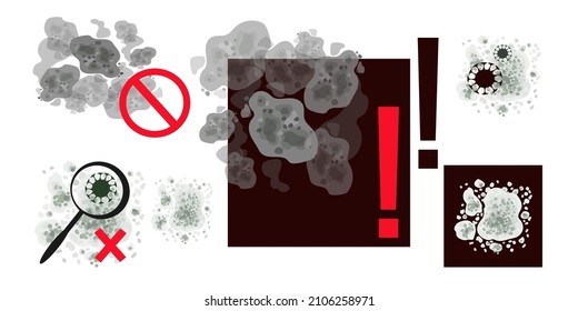 Stop black mold spots. Bacteria, microbes, viruses set. Toxic mildew spores. 