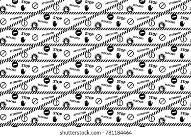 Stop blocked attention danger black white seamless pattern. Vector illustration.