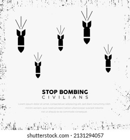 Stop bombing civilians background with silhouette of missile bomb. Stop war designs with missile bomb isolated on white background