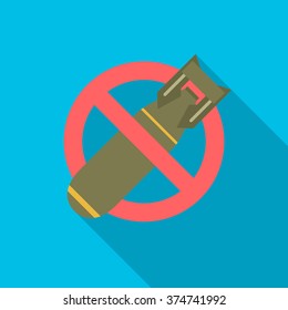 Stop bombing icon with long shadow. No bomb silhouette. Simple icon. Flat design style. Modern flat icon in stylish colors. Web site page and mobile app design element.