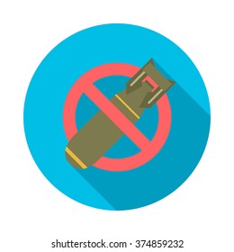 Stop bombing icon with long shadow. No bomb silhouette. Flat design style. Round icon. Modern flat icon in stylish colors. Web site page and mobile app design element.