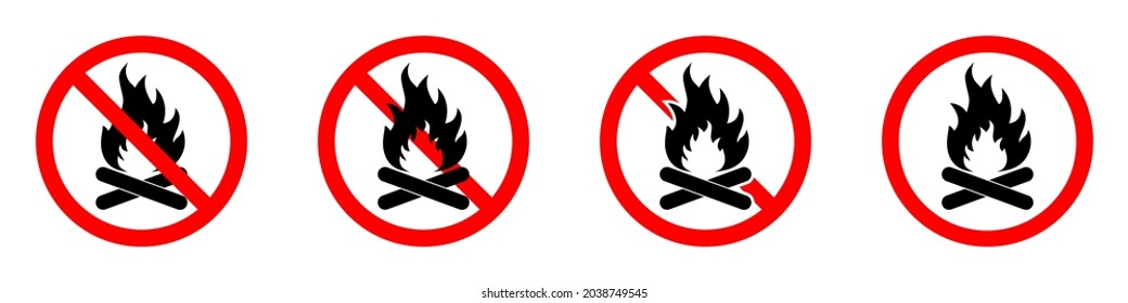Stoppt die Feuer-Symbole. Keine Feuersymbole gesetzt. Rotes Verbot von Flammenzeichen. Vektorgrafik. Feuer machen ist verboten