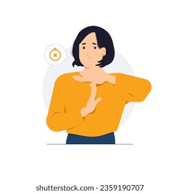Stop, break, warning, wait. Tired upset young woman making time out gesture asking to end unpleasant conversation concept illustration svg
