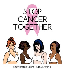 Stop breast cancer together symbol. Portrait of european, african, asian, indian women. Sketching female health illustration