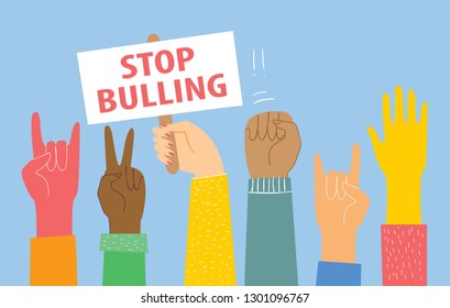 Stop bulling. Vector illustration with Hands holding different sign in the modern minimalistic flat design. Protection from school bulling concept design about motivation and doing a right choice.