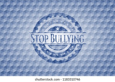 Stop Bullying blue badge with geometric background.