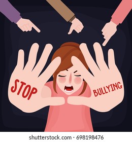 stop bullying child abuse girl sad victim scared woman with hand sign 