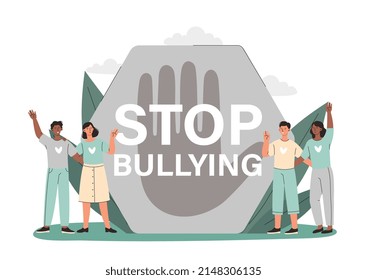 Stop bullying concept. Characters stand next to open palm icon, responsible society, activists and volunteers. Love and care versus hate and aggression, charity. Cartoon flat vector illustration