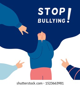 Stop bullying concept with Depressed girl surrounded by the hands of her peers pointing at her. Human character vector