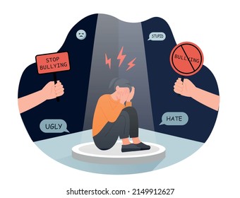 Stop bullying concept. Girl sitting with her face in her hands. Frustration and depression. Negative reviews, stupid, ugly, hate signs. Panic, stress and fear. Cartoon flat vector illustration