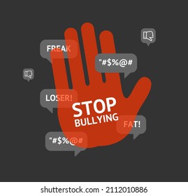 Stop Bullying Concept With Stop Hand Gesture On A Black. Vector Illustration Of Forbidden And Prevention Social Violence