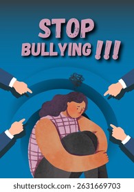 Stop bullying concept with hand pointing to a black girl crouching and looking down. Victim of violence, bullying, intimidation, discrimination and humiliation. Social theme vector illustration