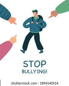 Stop bullying concept illustration. Depressed school boy surrounded by the hands of his peers pointing at him. Stop bullying in the school. Hand-drawn vector illustration.
