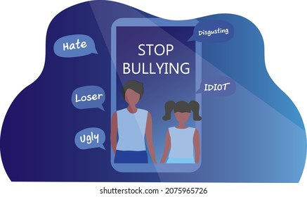 Stop Bullying And Cyber Bullying For Child Concept, Two Child Suffering With Negative Criticism, And Online Hate Speech Vector Illustration