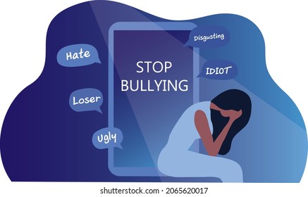 Stop Bullying And Cyber Bullying Concept, Depressed Woman Suffering With Negative Criticism, And Online Hate Speech Vector Illustration