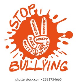 Stop Bullying design with peace hand sign silhouette and ink blot for Unity day