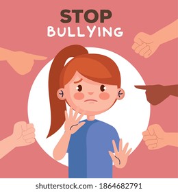 stop bullying and hands pointing at sad girl kid design, violence victim bully and social theme Vector illustration