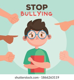 Stop Bullying And Hands Pointing At Sad Boy Kid With Book Design, Violence Victim Bully And Social Theme Vector Illustration