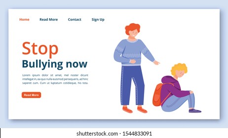 Stop bullying now landing page vector template. Trouble relationship website interface idea with flat illustrations. Making fun of classmate homepage layout, web banner, webpage cartoon concept