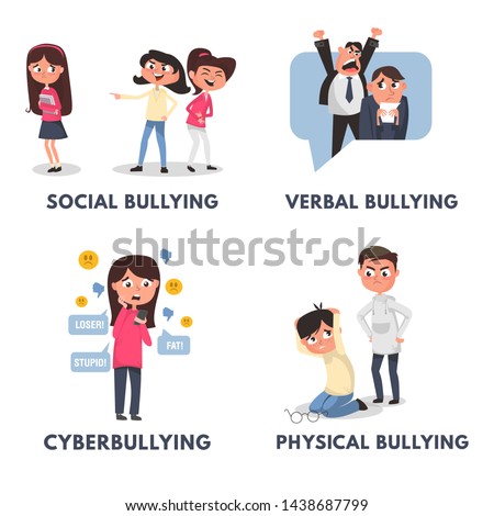 Stop bullying posters set. Bullying types in cartoon style verbal, social, physical, cyberbullying. Bullying at school and in the office. Vector illustration