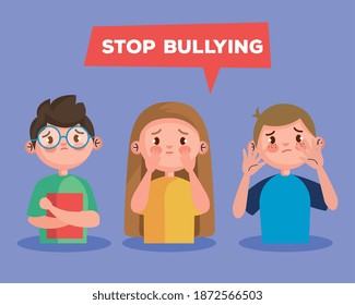 stop bullying and sad girl and boys kids design, violence victim bully and social theme Vector illustration