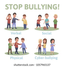 Stop Bullying In The School. 4 Types Of Bullying: Verbal, Social, Physical, Cyberbullying. Cartoon Vector Illustration, Isolated On White Background.