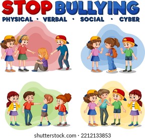 Stop Bullying text with cartoon character illustration