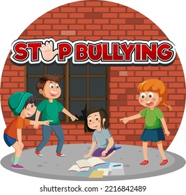 Stop Bullying text with cartoon character illustration