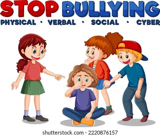 Stop Bullying text with cartoon character illustration